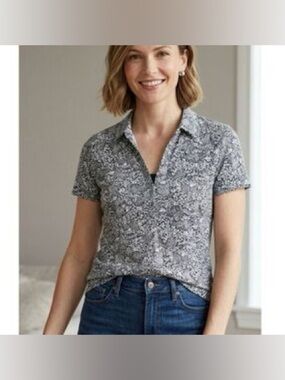 Anthropologie ett:twa Black White Floral Short-Sleeve Collared Top scandi chic M